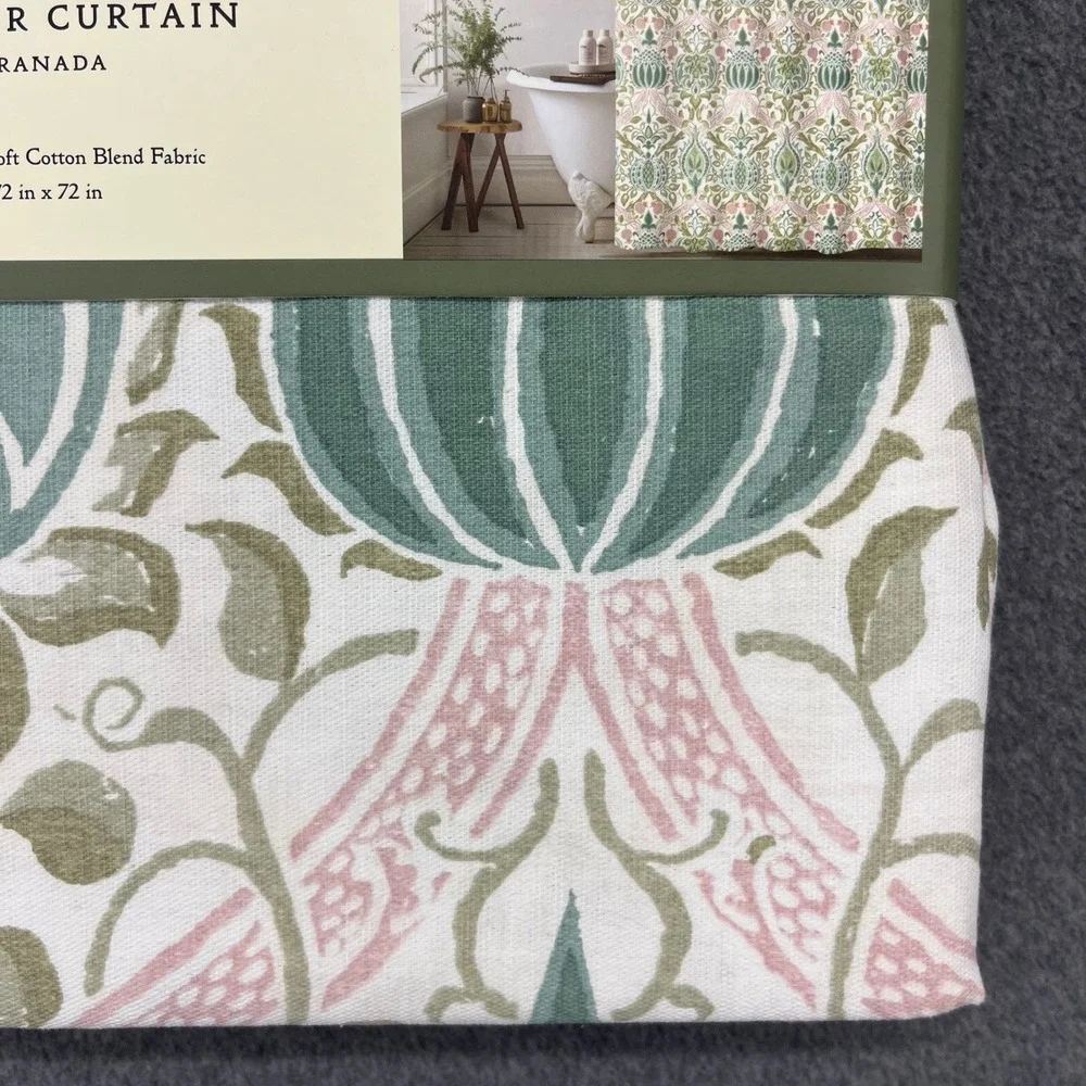 Morris & Co Granada Shower Curtain 72x72 Green Pink Cotton Blend Floral Botanica
